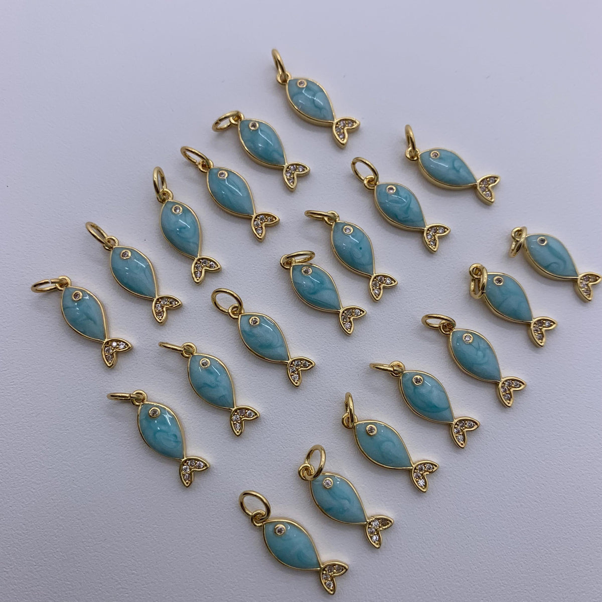 Enamel Blue Fish Pendant Brass Fish Charms  with Zircon for DIY Necklace Jewelry Making