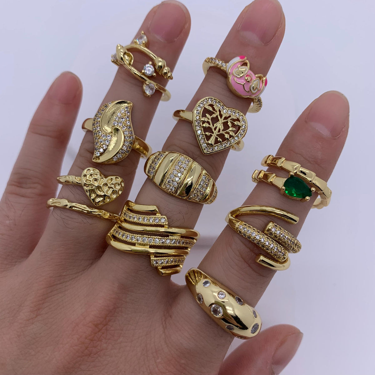 18K Gold Plated Rings Brass Rings with Zircon Golden Heart Shape Rings Dome Ring DIY Gifts for Women