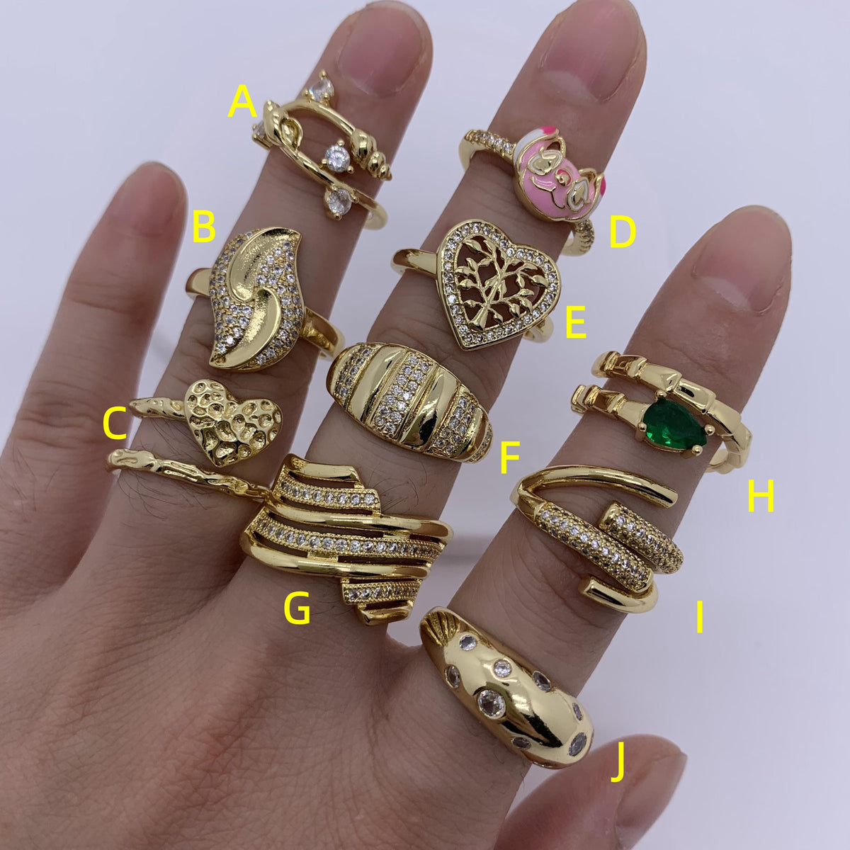 18K Gold Plated Rings Brass Rings with Zircon Golden Heart Shape Rings Dome Ring DIY Gifts for Women