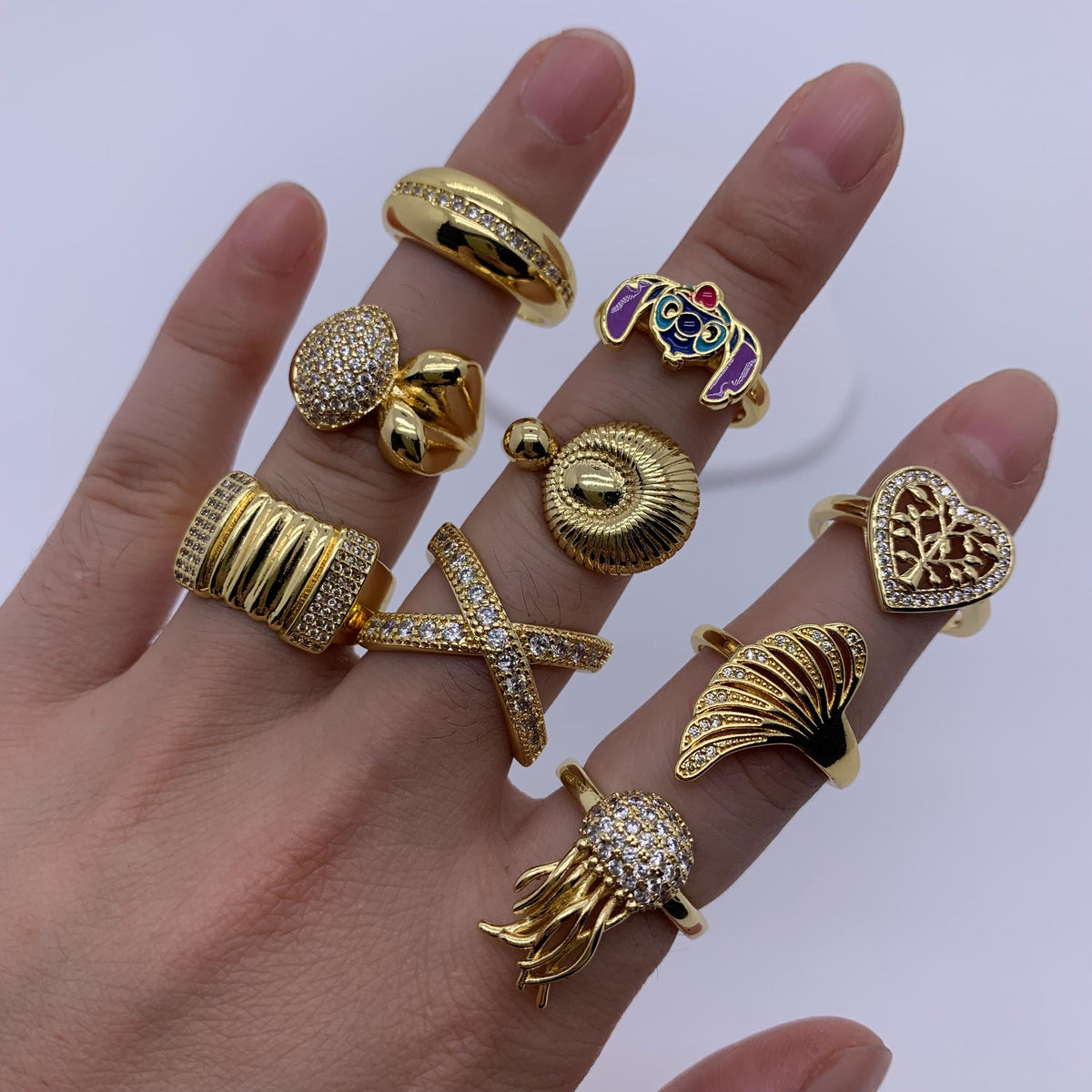 18K Gold Plated Jellyfish Ring Brass Shell Rings with Zircon Golden Heart Shape Rings Dome Ring DIY Gifts for Women