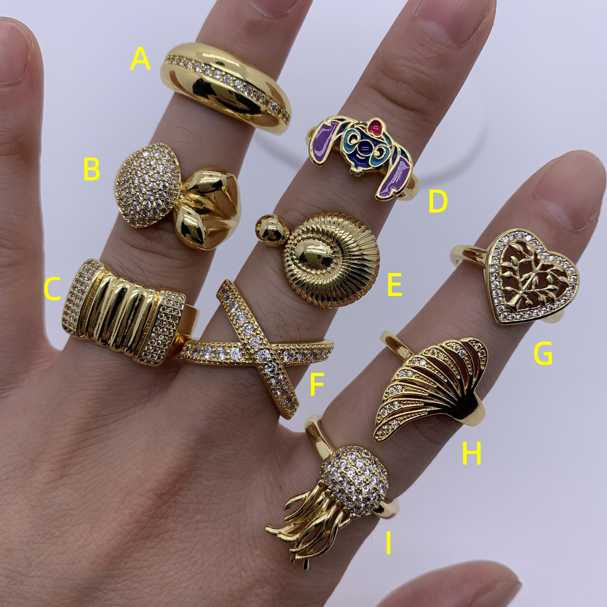 18K Gold Plated Jellyfish Ring Brass Shell Rings with Zircon Golden Heart Shape Rings Dome Ring DIY Gifts for Women