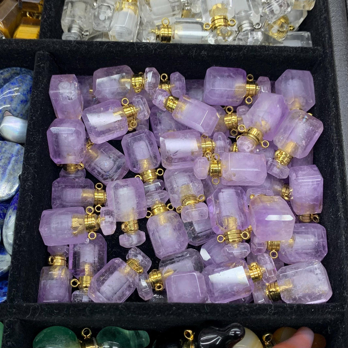 Natural Mini Crystal Perfume Bottle Pendant Essential Oil Pendant for Making Necklace 1PC Amethsy,Rose Quartz, Lapis,Tiger eyes,Amazonite