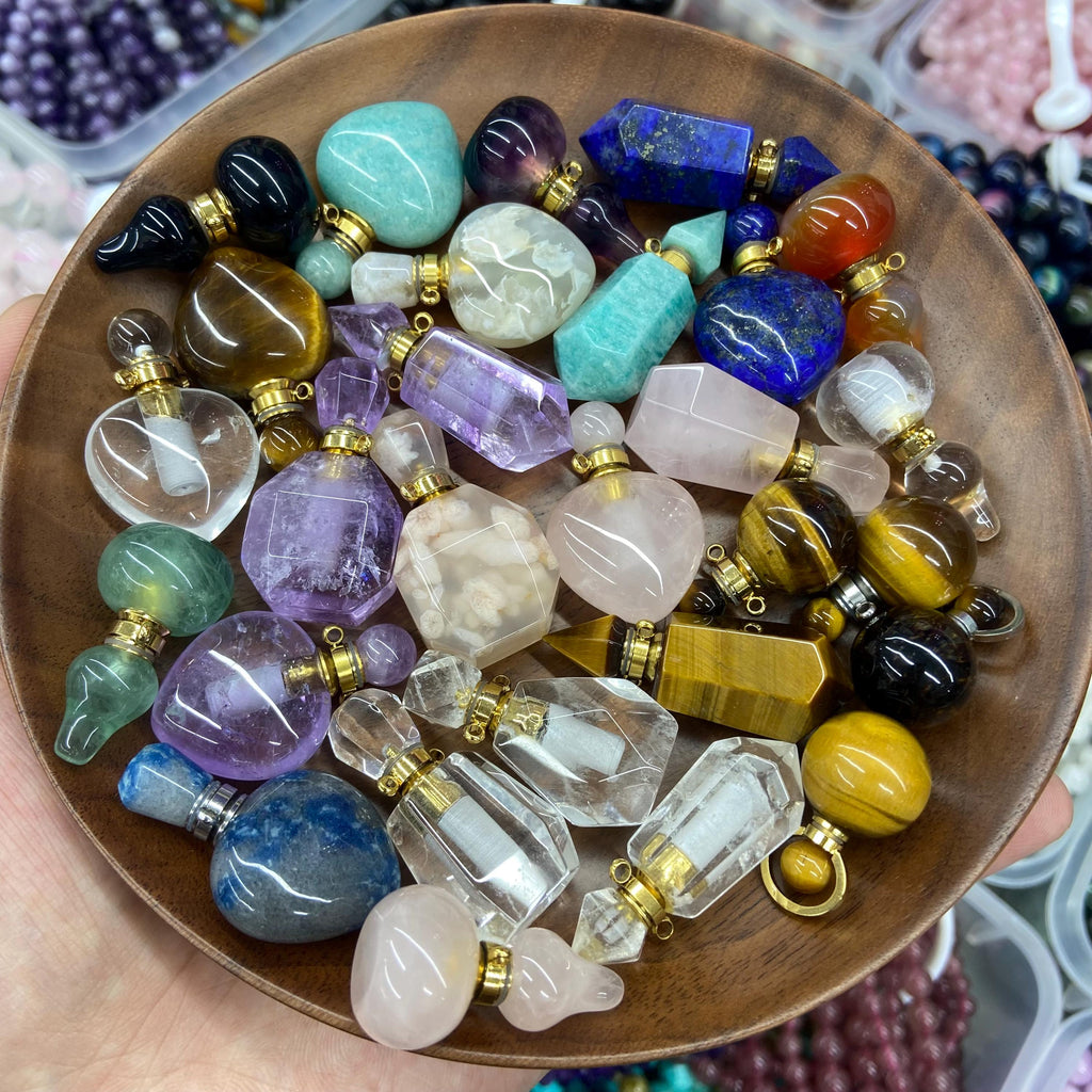 Natural Crystal Perfume Bottle Pendant Essential Oil Pendant for Making Necklace 1PC Amethsy,Rose Quartz, Lapis,Tiger eyes,Amazonite