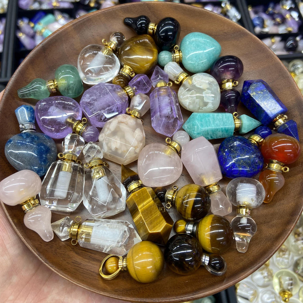 Natural Crystal Perfume Bottle Pendant Essential Oil Pendant for Making Necklace 1PC Amethsy,Rose Quartz, Lapis,Tiger eyes,Amazonite