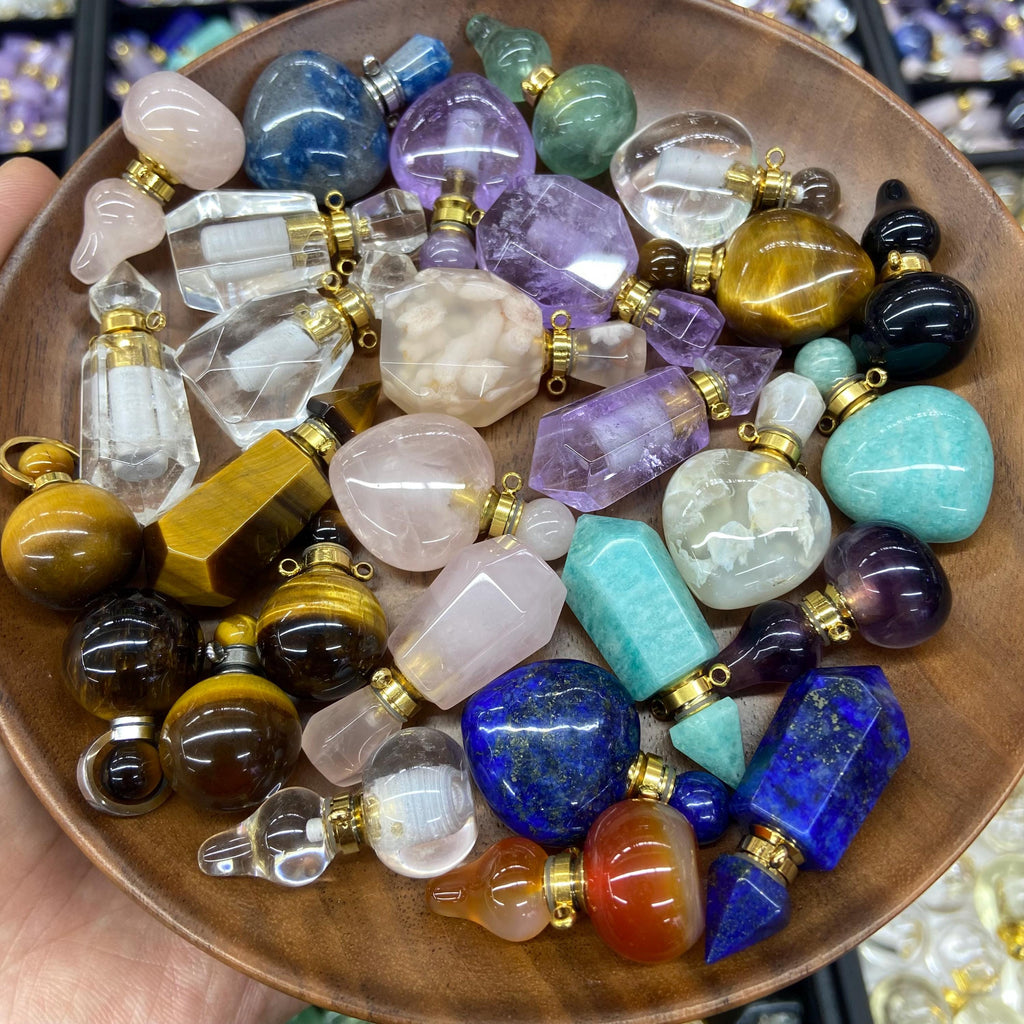 Natural Crystal Perfume Bottle Pendant Essential Oil Pendant for Making Necklace 1PC Amethsy,Rose Quartz, Lapis,Tiger eyes,Amazonite