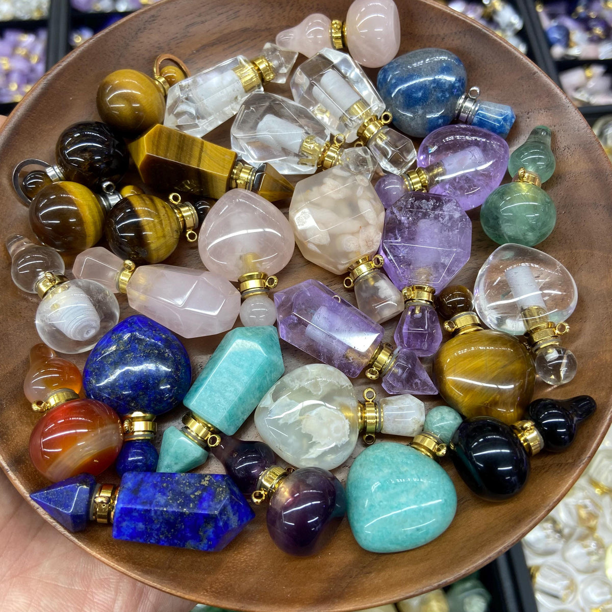 Natural Crystal Perfume Bottle Pendant Essential Oil Pendant for Making Necklace 1PC Amethsy,Rose Quartz, Lapis,Tiger eyes,Amazonite