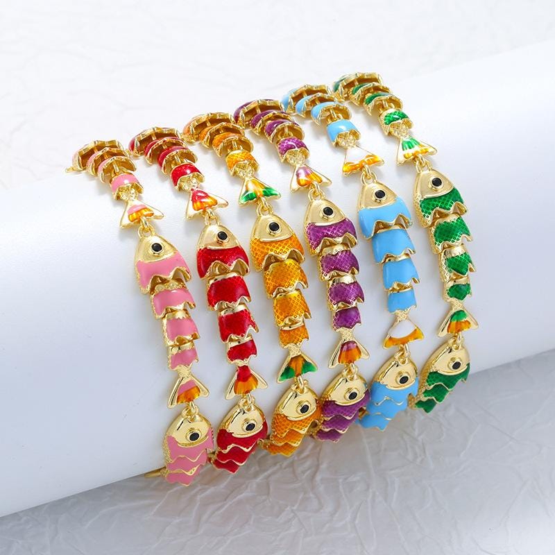 Colorful Enamel Fish Bracelet Fish Can Move Size Adjustable Brass Fish