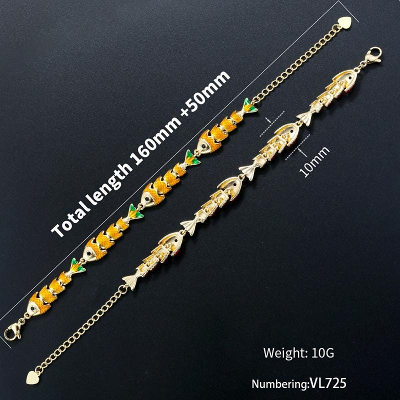 Colorful Enamel Fish Bracelet Fish Can Move Size Adjustable Brass Fish