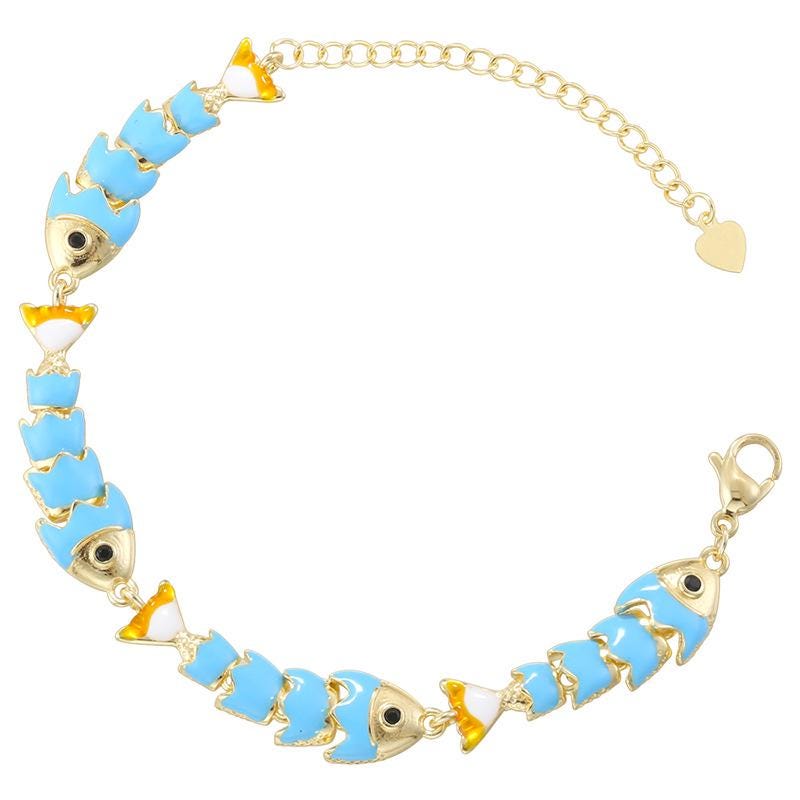 Colorful Enamel Fish Bracelet Fish Can Move Size Adjustable Brass Fish