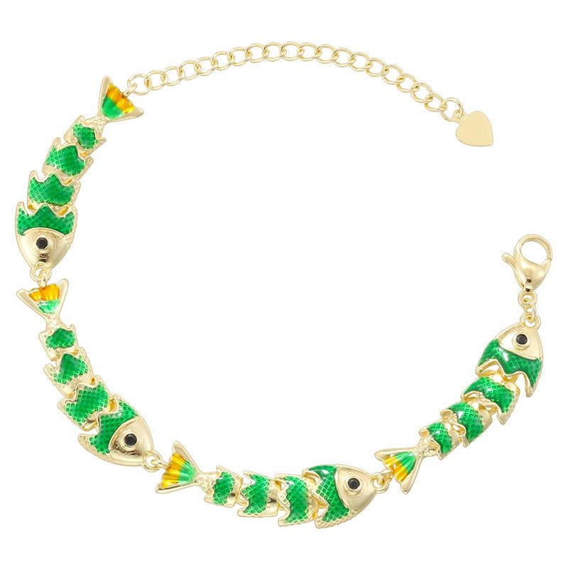 Colorful Enamel Fish Bracelet Fish Can Move Size Adjustable Brass Fish