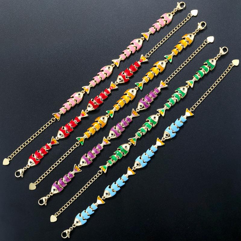 Colorful Enamel Fish Bracelet Fish Can Move Size Adjustable Brass Fish