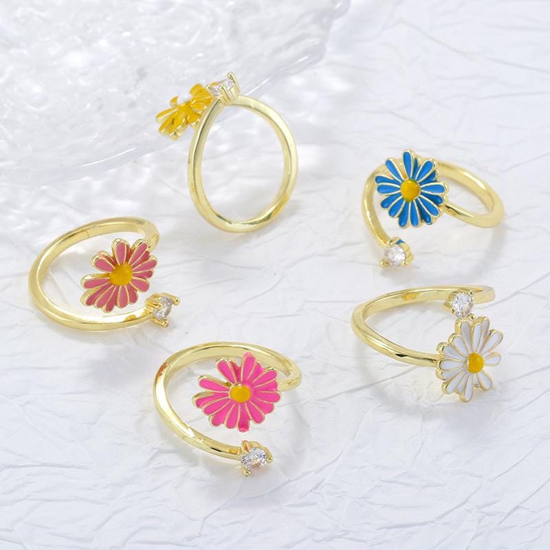 Colorful Enamel Flower Rings Opening Size Can Adjustabel Rings with Zircon DIY for Jewellry