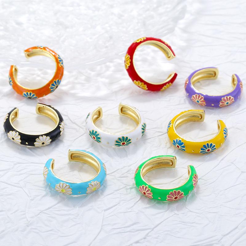 Colorful Enamel Flower Rings Opening Size Adjustable Brass Flower Enamel DIY for Jewellry