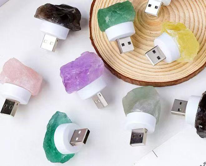 Natural Crystal USB Night Light, Rose Quartz, Fluorite Healing Lamp, Bedroom Decor