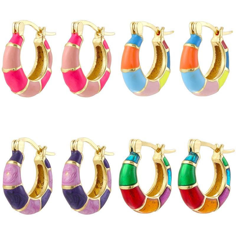 Enamel Hoop Earrings, Colorful Oil Drip Round Circle Ear Clips, Brass Candy Color Jewelry