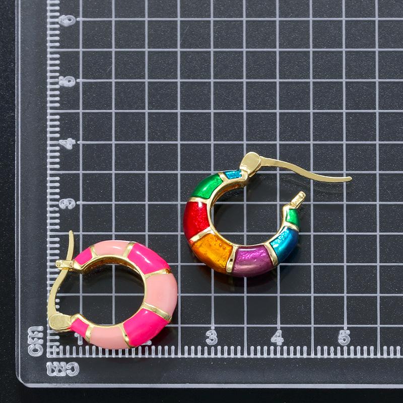 Enamel Hoop Earrings, Colorful Oil Drip Round Circle Ear Clips, Brass Candy Color Jewelry