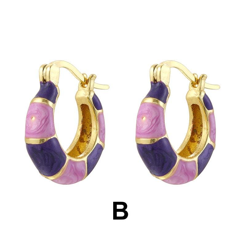 Enamel Hoop Earrings, Colorful Oil Drip Round Circle Ear Clips, Brass Candy Color Jewelry