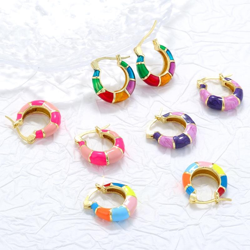 Enamel Hoop Earrings, Colorful Oil Drip Round Circle Ear Clips, Brass Candy Color Jewelry