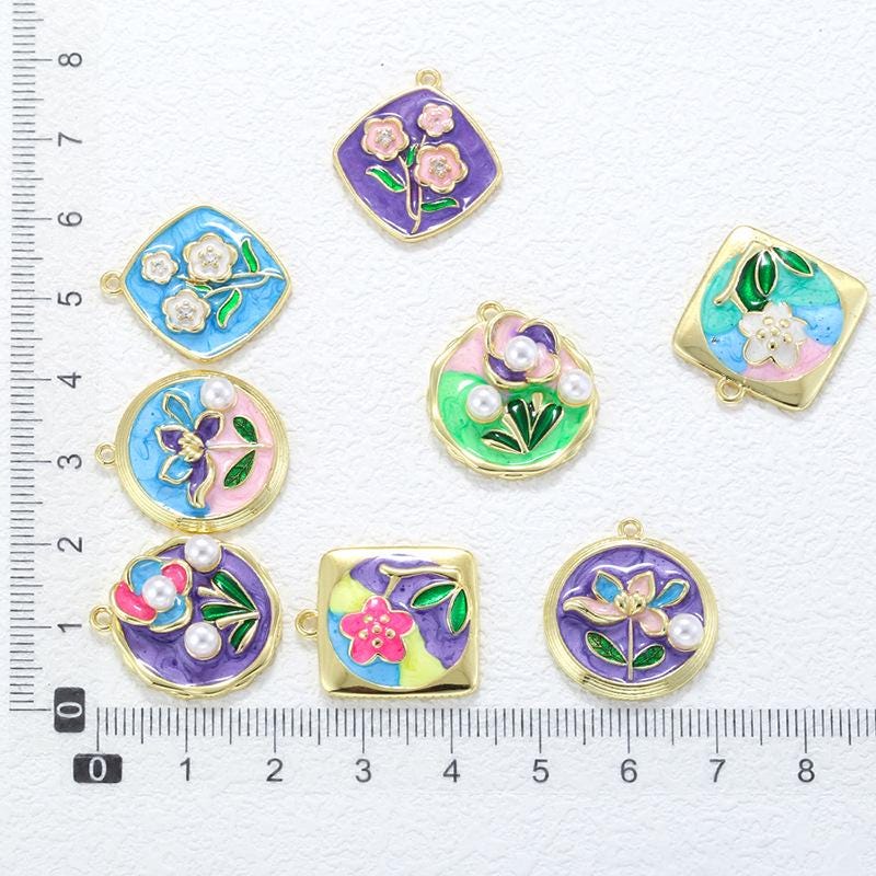 Enamel Flower Heart Pendants with Pearls, Brass DIY Jewelry Charms
