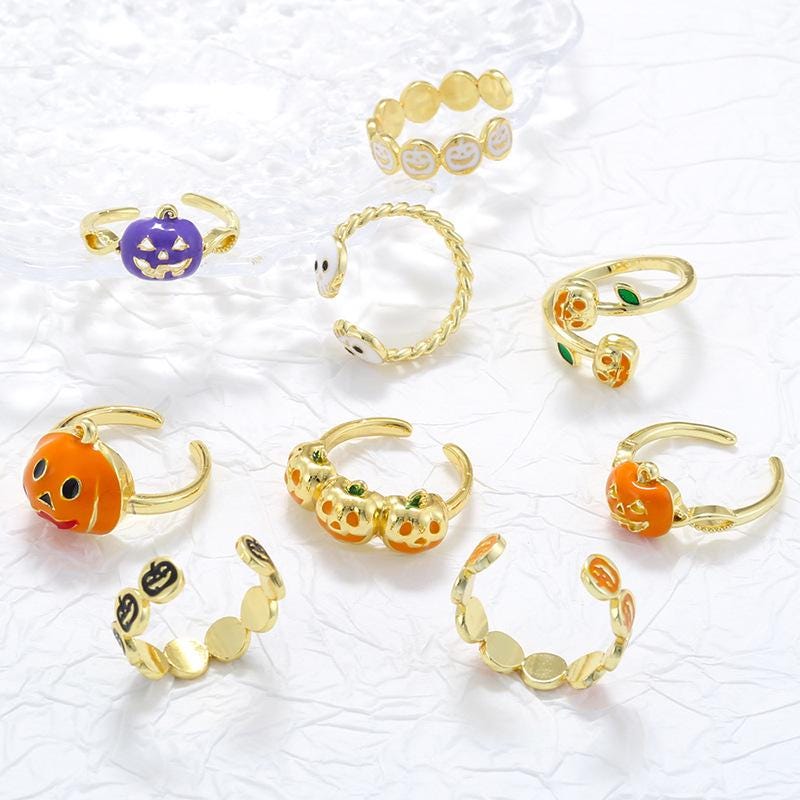 Enamel Halloween Pumpkin Skull Lantern Opening Rings Skull Rings Ghost Face Rings DIY Gifts for Women