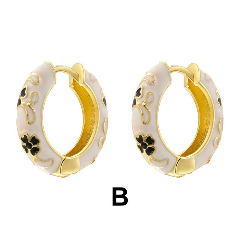 Enamel Hoop Earrings, Colorful Oil Drip Round Flower Ear Clips, Brass Candy Color Jewelry 1 Pair