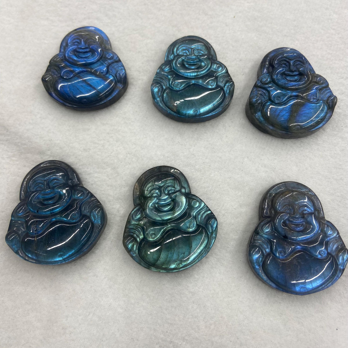 Hand Carved Labradorite Buddha Pendant: Maitreya Gemstone (40*34*9mm)