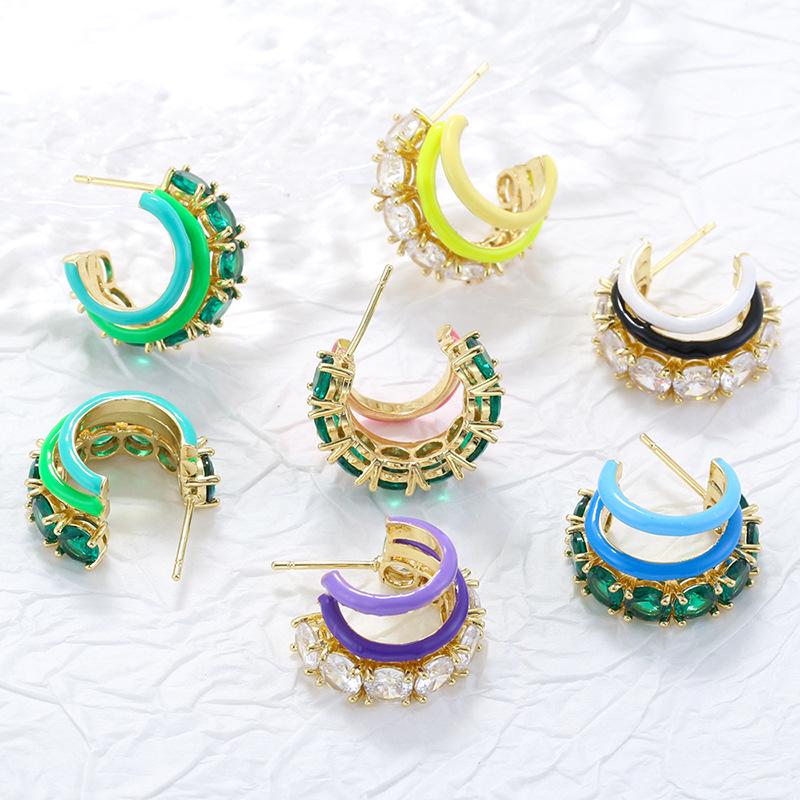 C-Shape Enamel Pave Dangle Earrings, Colorful Brass Statement Jewelry (20.5*12mm)