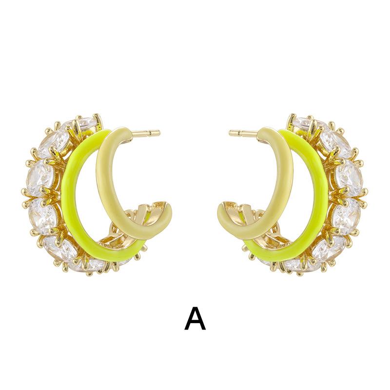 C-Shape Enamel Pave Dangle Earrings, Colorful Brass Statement Jewelry (20.5*12mm)