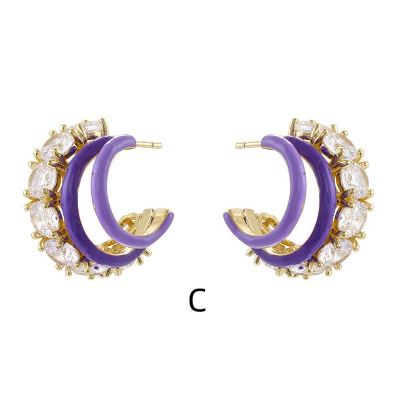 C-Shape Enamel Pave Dangle Earrings, Colorful Brass Statement Jewelry (20.5*12mm)