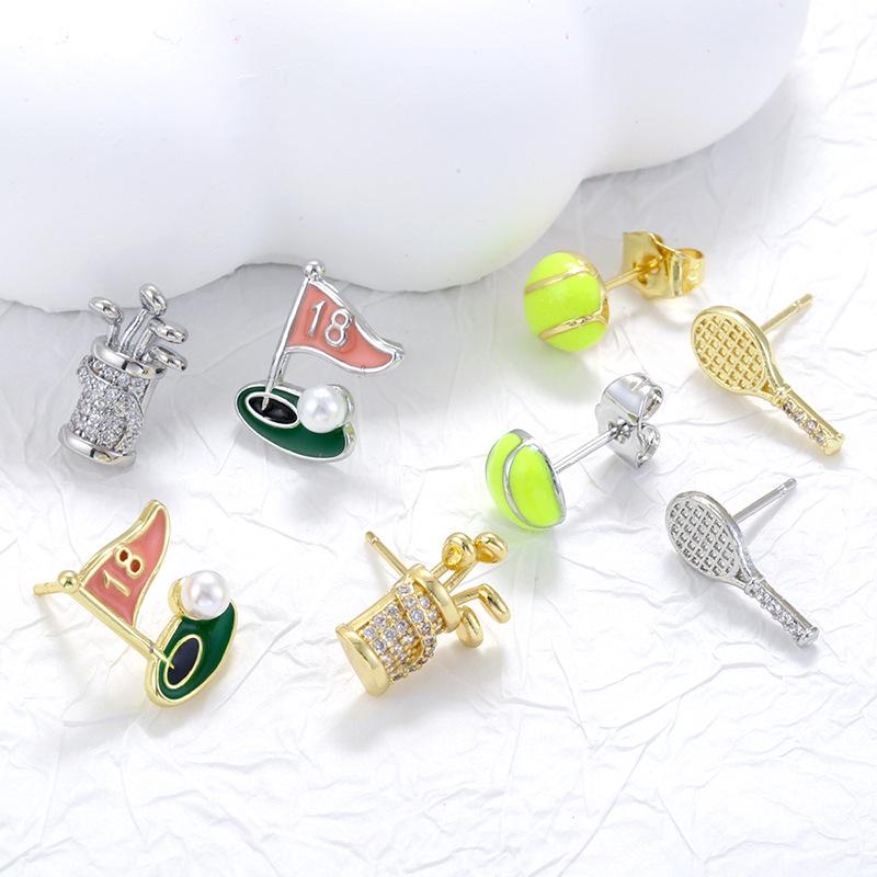 Enamel Tennis Ball Golf Earrings, Sports Racket Dangle Jewelry, Brass Athletic Statement Accessory