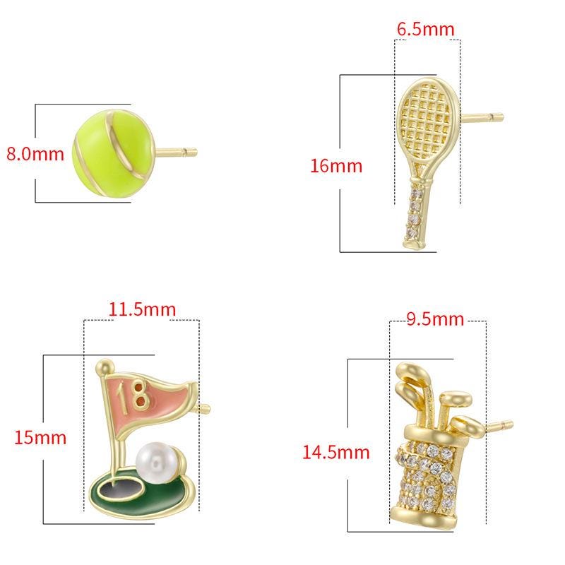 Enamel Tennis Ball Golf Earrings, Sports Racket Dangle Jewelry, Brass Athletic Statement Accessory