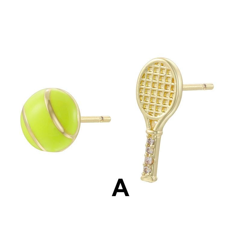Enamel Tennis Ball Golf Earrings, Sports Racket Dangle Jewelry, Brass Athletic Statement Accessory