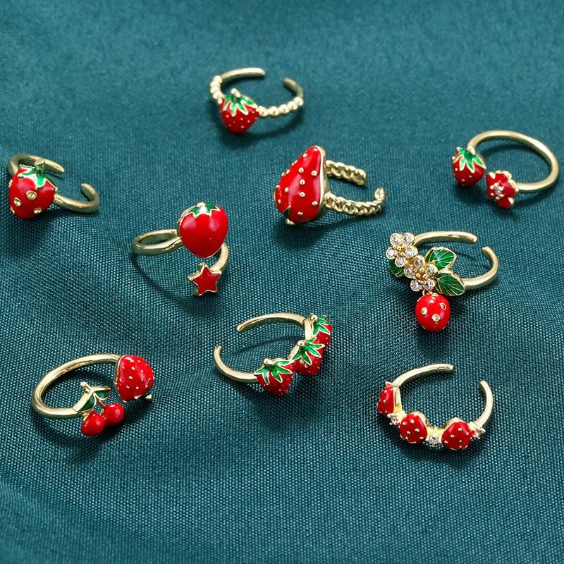 Enamel Strawberry Opening Size Rings Sweet Fruit Ring DIY Necklace Gifts for her