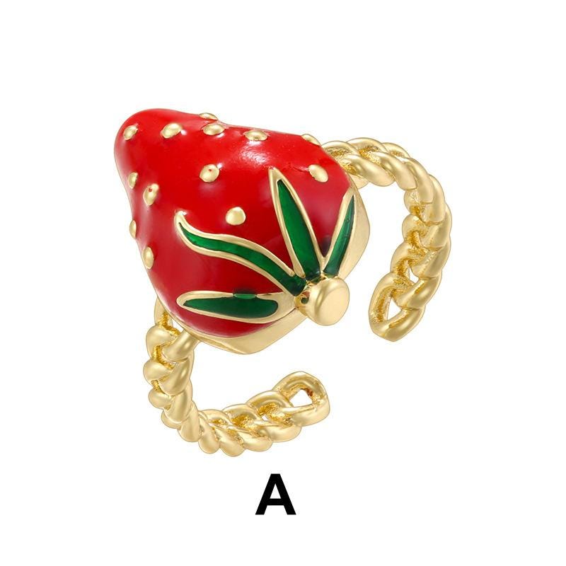 Enamel Strawberry Opening Size Rings Sweet Fruit Ring DIY Necklace Gifts for her