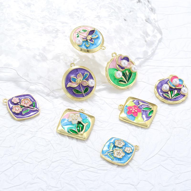 Enamel Flower Heart Pendants with Pearls, Brass DIY Jewelry Charms