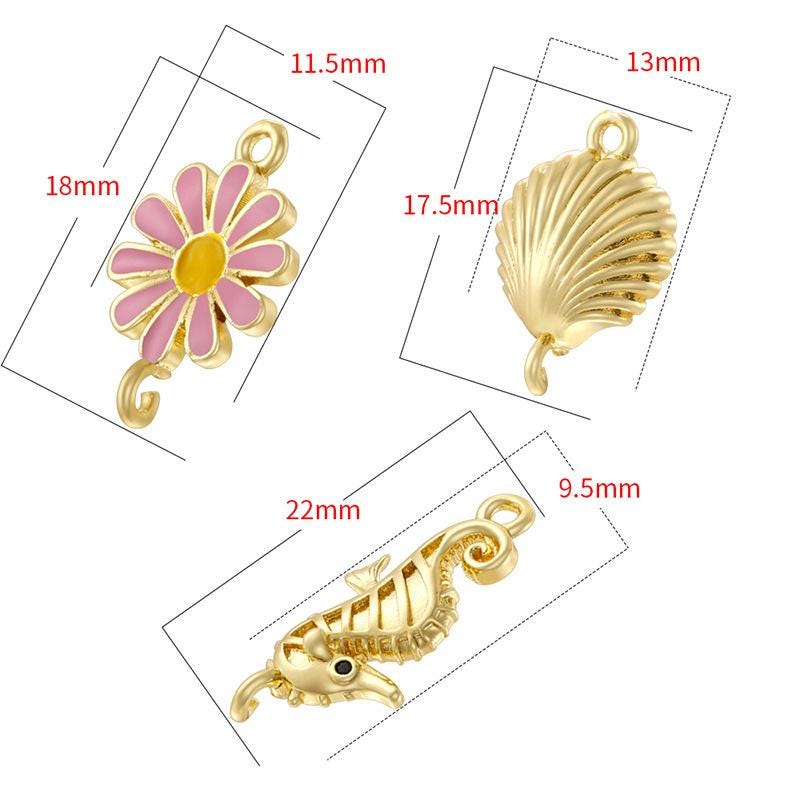 Enamel Flower Seahorse Shell 2 hole Pendant Charm Enamel Pendant, Brass DIY Jewelry Making