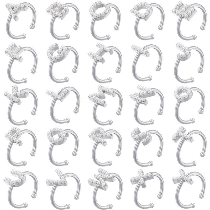 Opening Size Brass 26 Copper Letter English Rings with Pearl Adjustable Size, DIY Jewelry Handmade Accessories DIY Gifts for Women
