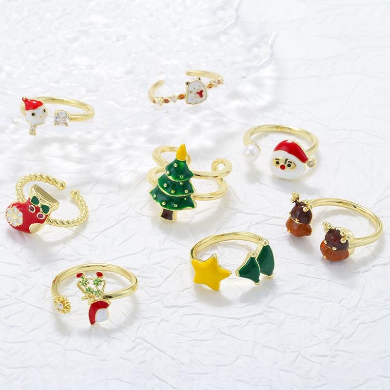 Enamel Christmas Tree Rings Opening Adjustable Santa Reindeer Claus Rings Festive Gifts for Women
