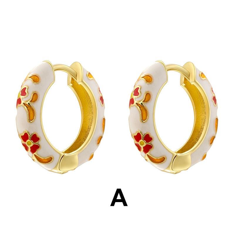 Enamel Hoop Earrings, Colorful Oil Drip Round Flower Ear Clips, Brass Candy Color Jewelry 1 Pair