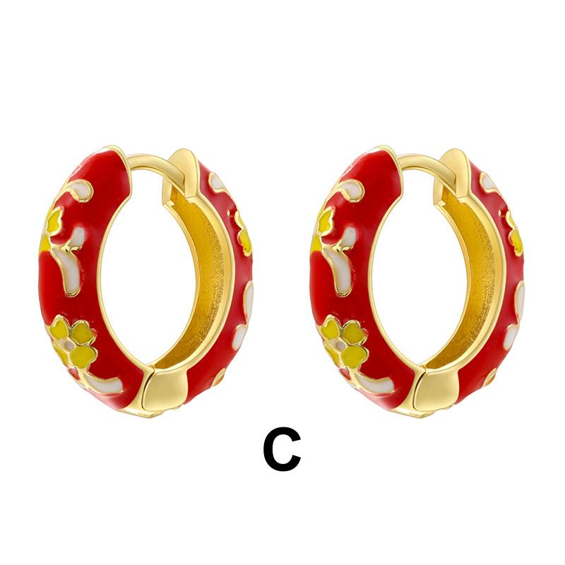 Enamel Hoop Earrings, Colorful Oil Drip Round Flower Ear Clips, Brass Candy Color Jewelry 1 Pair