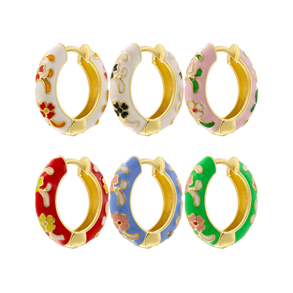 Enamel Hoop Earrings, Colorful Oil Drip Round Flower Ear Clips, Brass Candy Color Jewelry 1 Pair