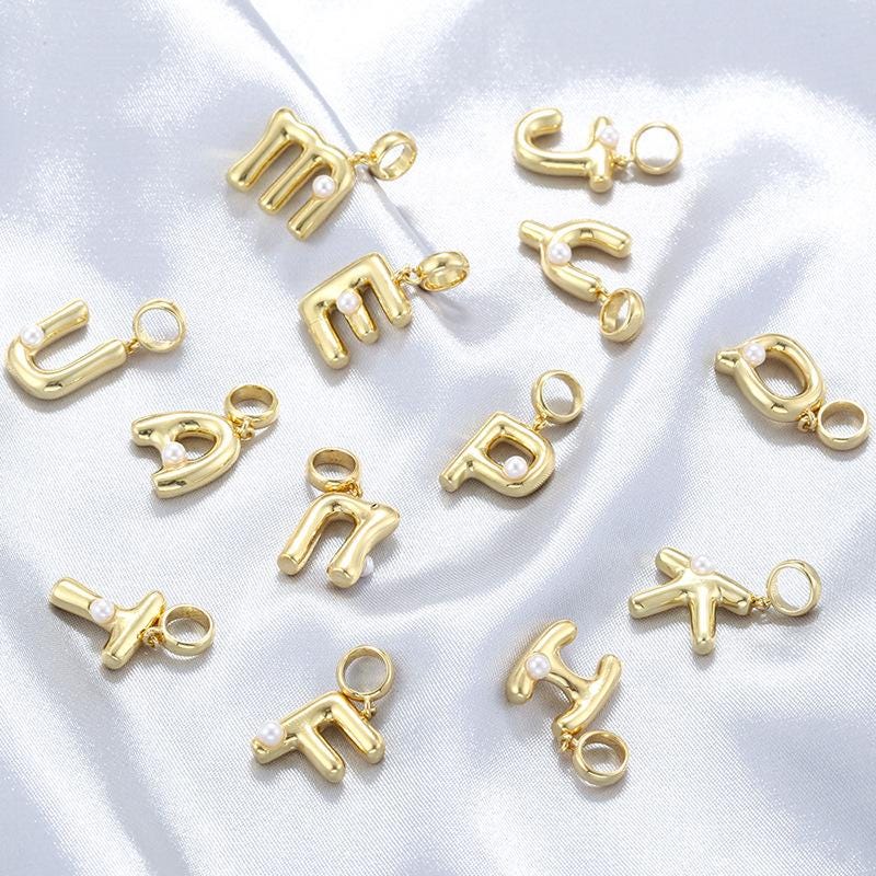 18K Gold Copper Letter Pendant English Letter Pendant with Pearl for DIY Necklace Making