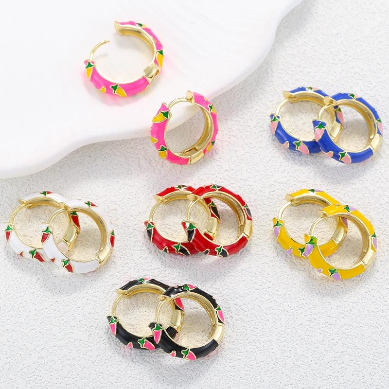 Enamel Hoop Earrings, Colorful Oil Drip Round Chili Ear Clips, Brass Candy Color Jewelry 1 Pair
