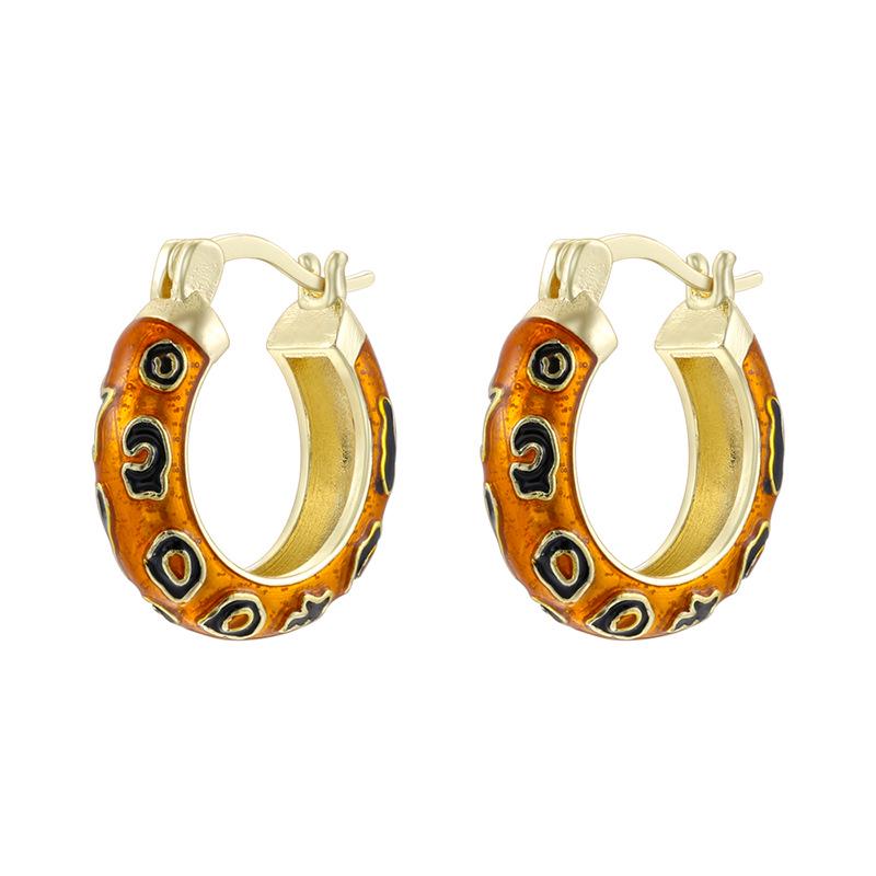 Enamel Hoop Earrings, Colorful Oil Drip Round Snakeskin Ear Clips, Brass Leopard Print Jewelry 1 Pair