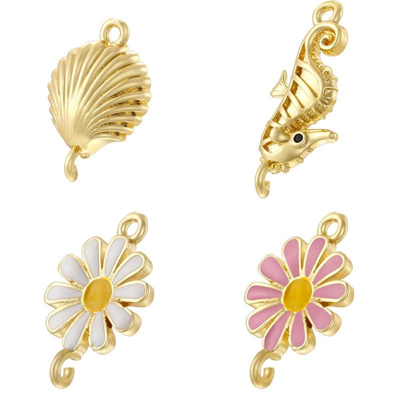 Enamel Flower Seahorse Shell 2 hole Pendant Charm Enamel Pendant, Brass DIY Jewelry Making