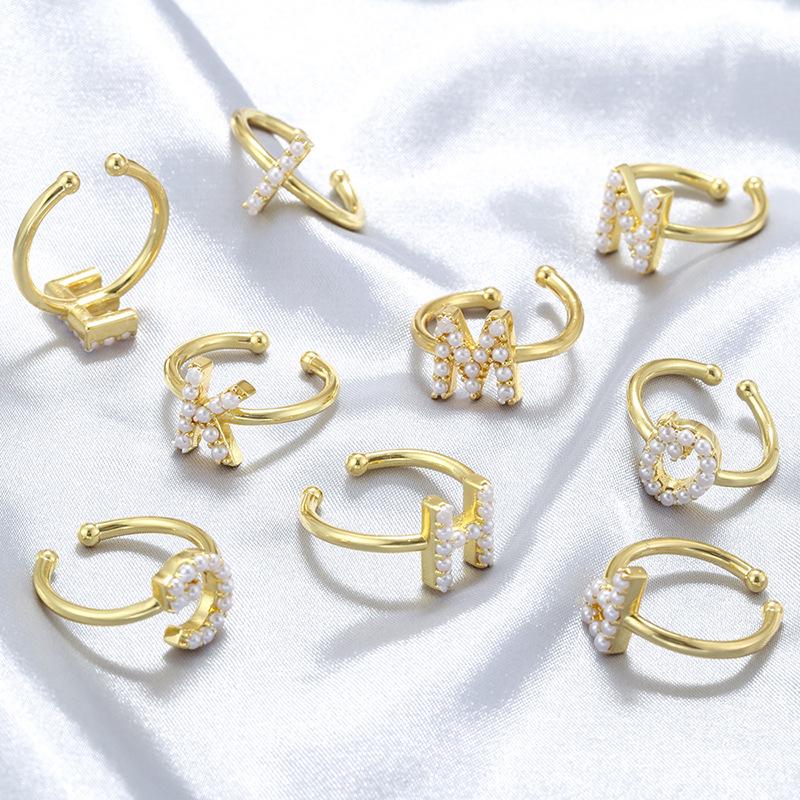 Opening Size Brass 26 Copper Letter English Rings with Pearl Adjustable Size, DIY Jewelry Handmade Accessories DIY Gifts for Women