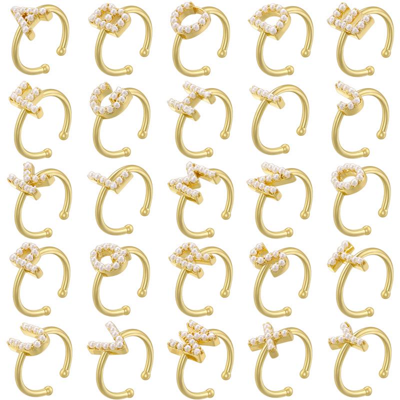 Opening Size Brass 26 Copper Letter English Rings with Pearl Adjustable Size, DIY Jewelry Handmade Accessories DIY Gifts for Women