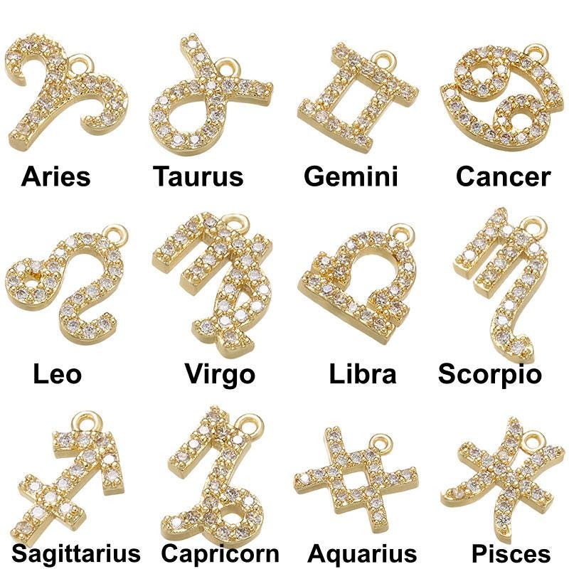 12 Zodiac Sign Copper Brass Pendnts, Gold Plated for DIY Necklace Earrings Making