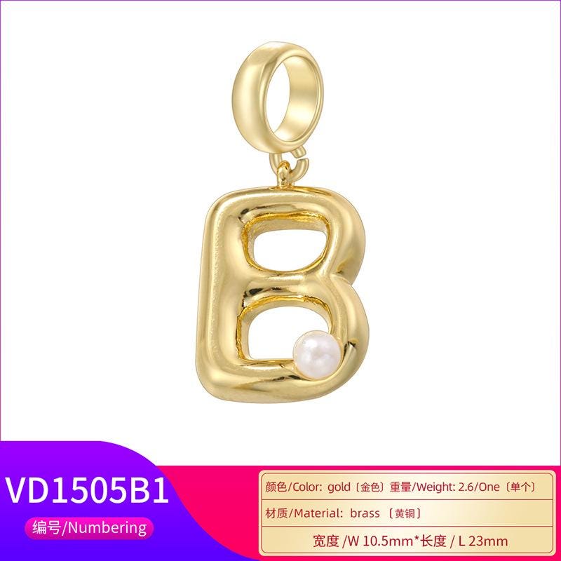 18K Gold Copper Letter Pendant English Letter Pendant with Pearl for DIY Necklace Making