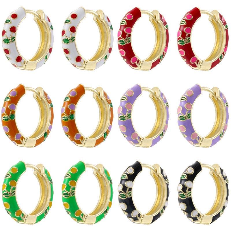 Enamel Hoop Earrings, Colorful Oil Drip Round CherryEar Clips, Brass Candy Color Jewelry 1 Pair